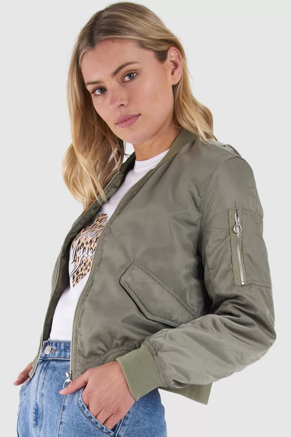 Zoe Khaki Puff Bomber Jacket